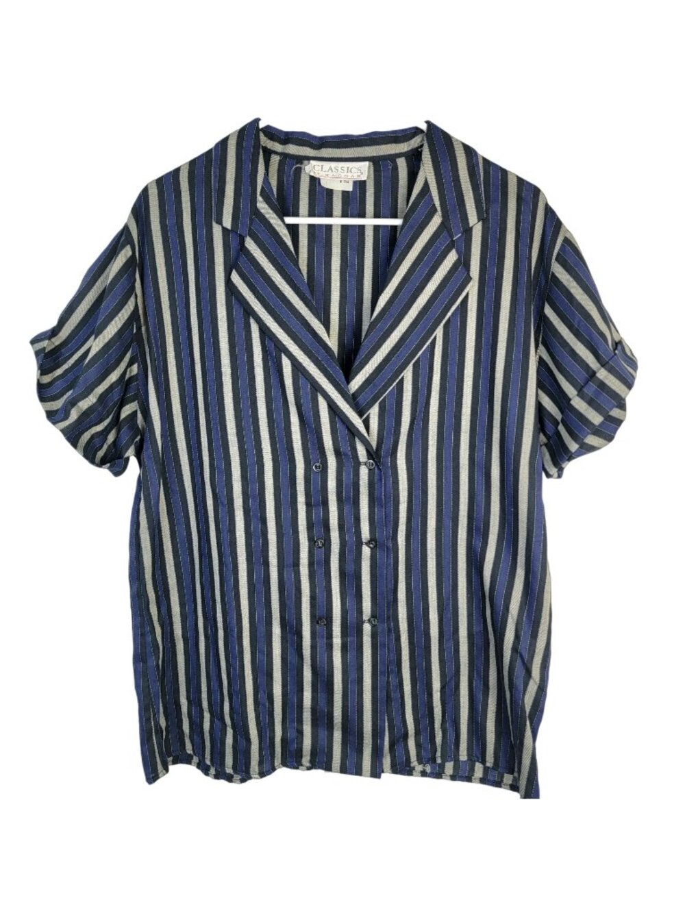 Haggar Vintage 80s Stripe Shirt Women 14 Button Blouse Short Sleeve Work Fall XL